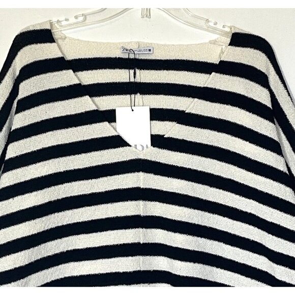 New Zara Black White Striped V-Neck Knit Relaxed Top Sweater - Picture 9 of 12